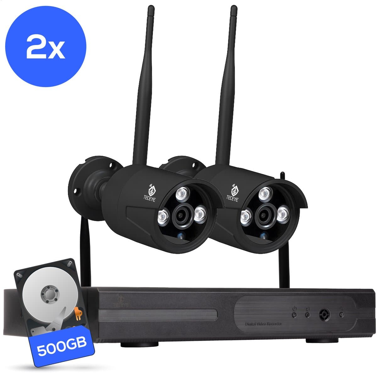 Teceye Compleet Camera Beveiliging Set met 2x Wifi IP Camera - CCTV Camerasysteem, Beveiligingscamera binnen , Wifi Beveiligingscamera Set Buiten - Beveiligingscamera - Beveiligingscamera buiten - Beveiligingscamera Draadloos buiten