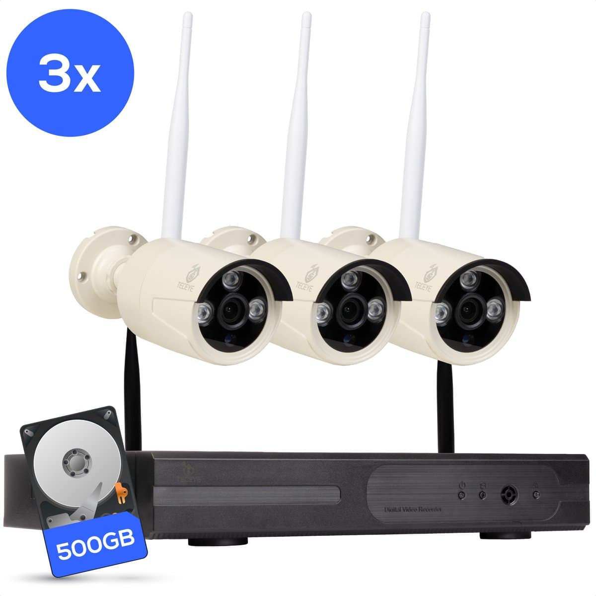 Teceye Compleet Camera Beveiliging Set met 3x Wifi IP Camera - CCTV Camerasysteem - Beveiligingscamera binnen - Wifi Beveiligingscamera Set Buiten - Beveiligingscamera - Beveiligingscamera buiten - Beveiligingscamera Draadloos buiten
