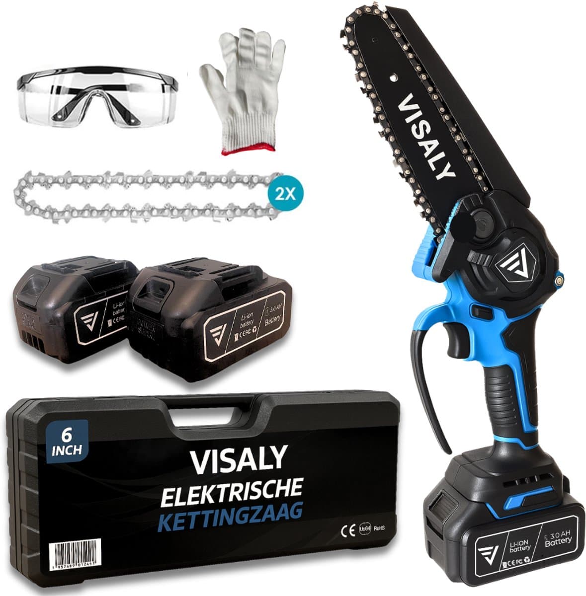 Mini Kettingzaag - Accu Snoeizaag - Elektrische Takkenzaag & Boomzaag - Automatische Kettingsmering - Incl. Opbergkoffer & 2 Accu's