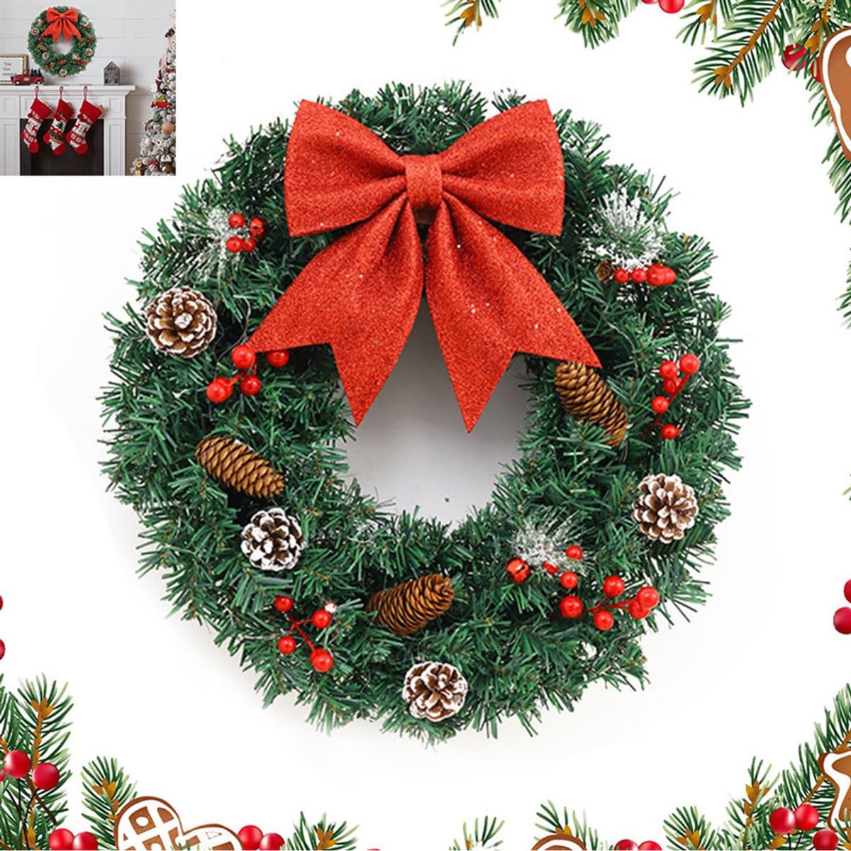 Kerstkrans met wijnranken - 40 cm - Decoratieve kerstkrans voor aan de deur - Kerstkrans - Kerstkrans ornament - Kerstkrans met wijnranken - Geschikt voor voordeuren, ramen en feesten