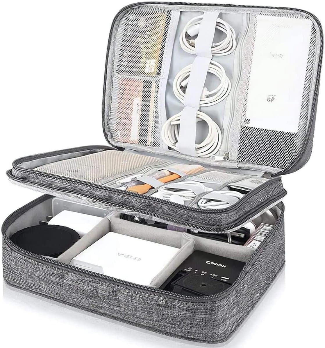 Ronte - Dubbelvouw reisorganisatietas voor elektronica en accessoires - Grijs - Draagbaar - Reisgadget - Powerbank - USB - Oplader