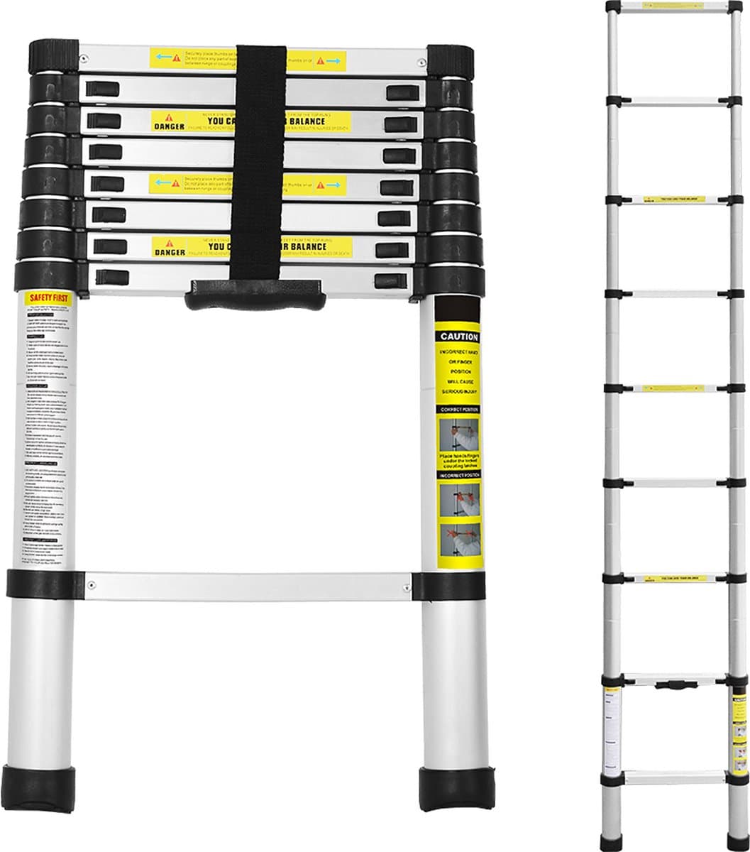 Telescopische Vouwladder - Telescopische Ladders - Soft Close - Werkhoogte 2,6 m - zilverachtig