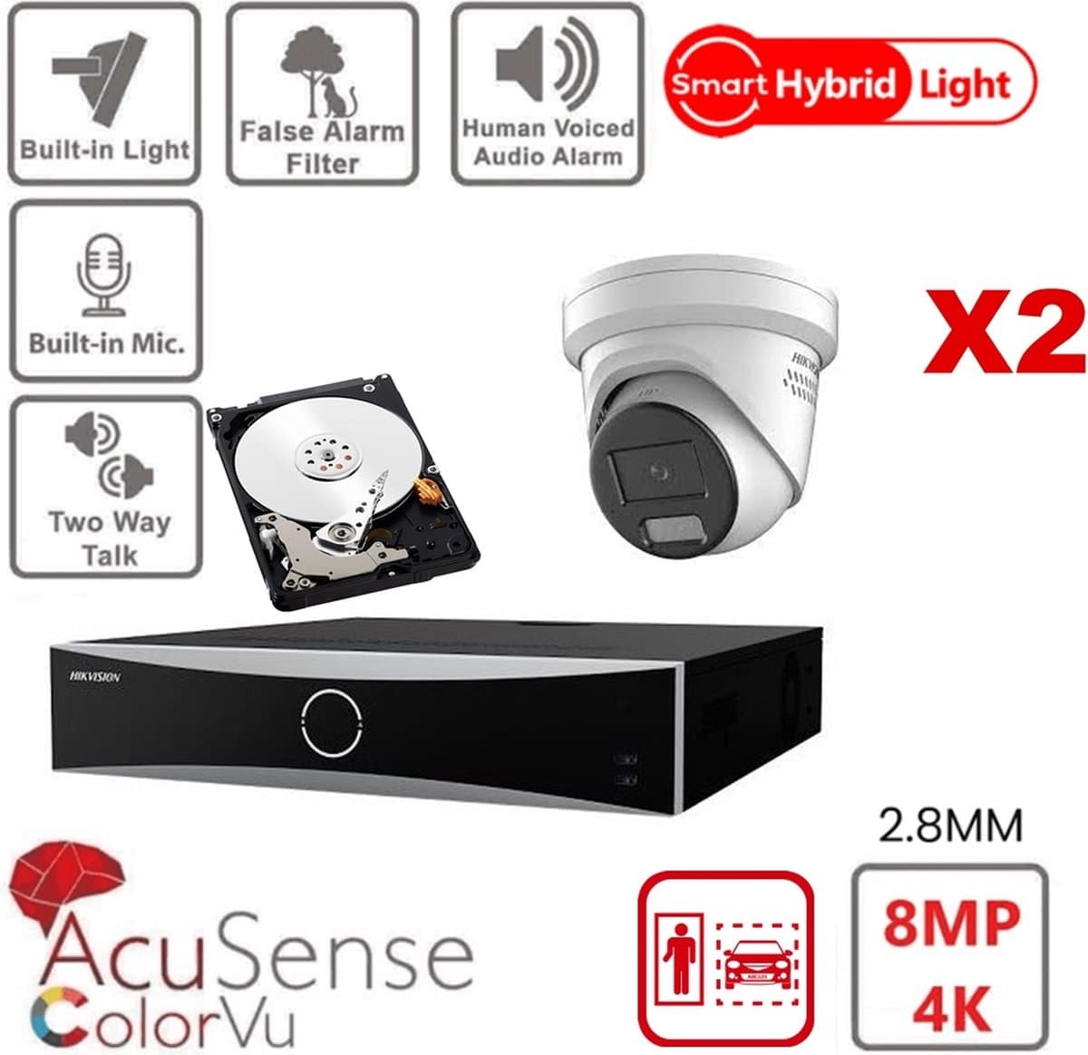HIKVISION Acusense Camera Kit - Smart Hybrid Light + ColorVu - 2x 4k-8MP IP Camera Turret Actief Stroboscooplicht en Audio Alarm - Acusense NXI Serie 4xChannel NVR met POE - 4TB HDD uitbreidbaar tot maximaal 4x IP camera