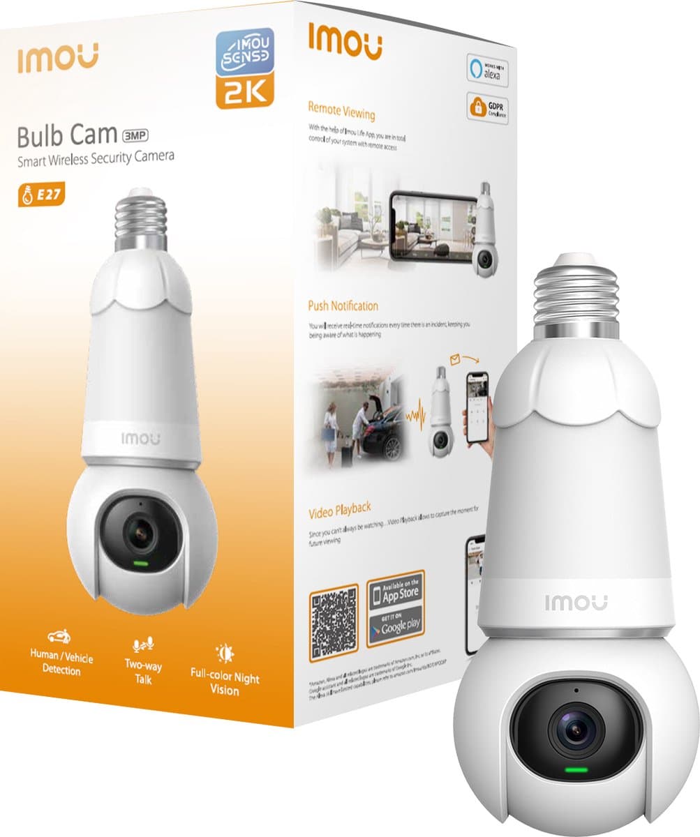 Imou Bulb Cam - Beveiligingscamera En E27 Lamp - 3K Camera en Lamp In 1 - 3K UHD Beeld – 350 Lumen - Eenvoudige en Snelle Installatie - Panoramisch Draaien En Kantelen Voor 360° Beveiliging - Persoons -En Voertuigendetectie