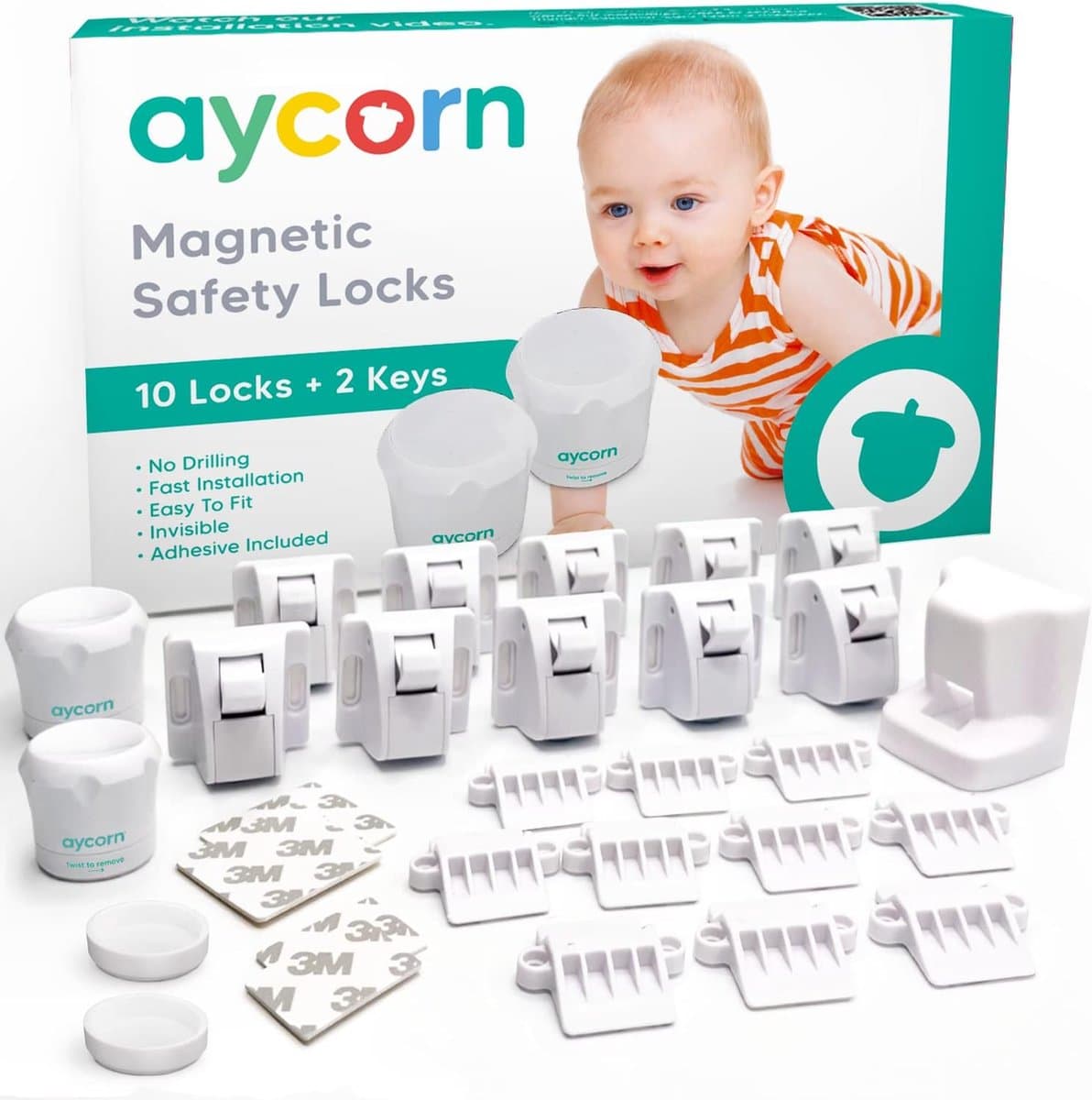 AYCORN Magnetisch Kinderslot Kastjes – Baby Peuter Magneet Beveiliging voor Kast, Deur en Lade – 10 Sloten en 2 Sleutels – Incl Instructievideo – Nieuwste Ontwerp om Kinderen en Peuters te Beschermen – Geen Boor of Schroeven