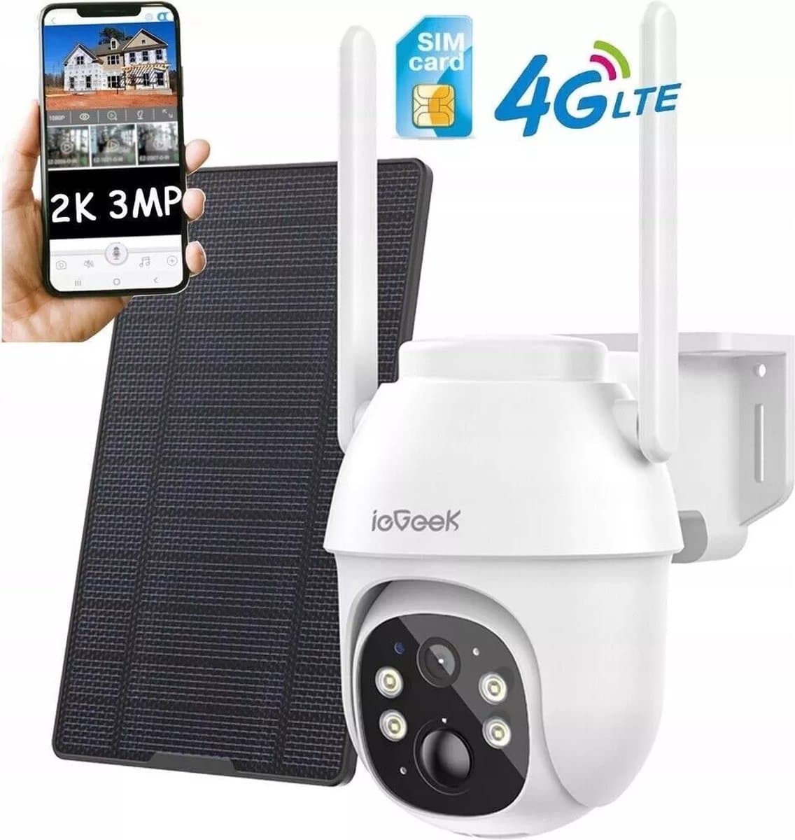 ieGeek 4G Cellular Beveiligingscamera Buiten 2K, PTZ LTE Bewakingscamera Buiten Draadloos Zonder WIFI, IP Security Camera Buiten Solar 8400mAh Batterij Oplaadbare, Zonnepaneel, PIR Detectie, Wit
