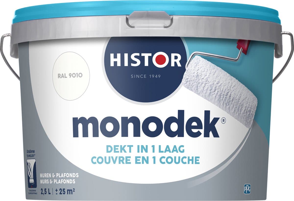Histor Monodek – Muurverf Binnen Mat – Dekt in 1 Laag – Afwasbaar – Geurarm en Oplosmiddelvrij – Met Ultra Dense Technology voor Extra Dekkracht – Voor Binnen – RAL 9010 – 2,5L