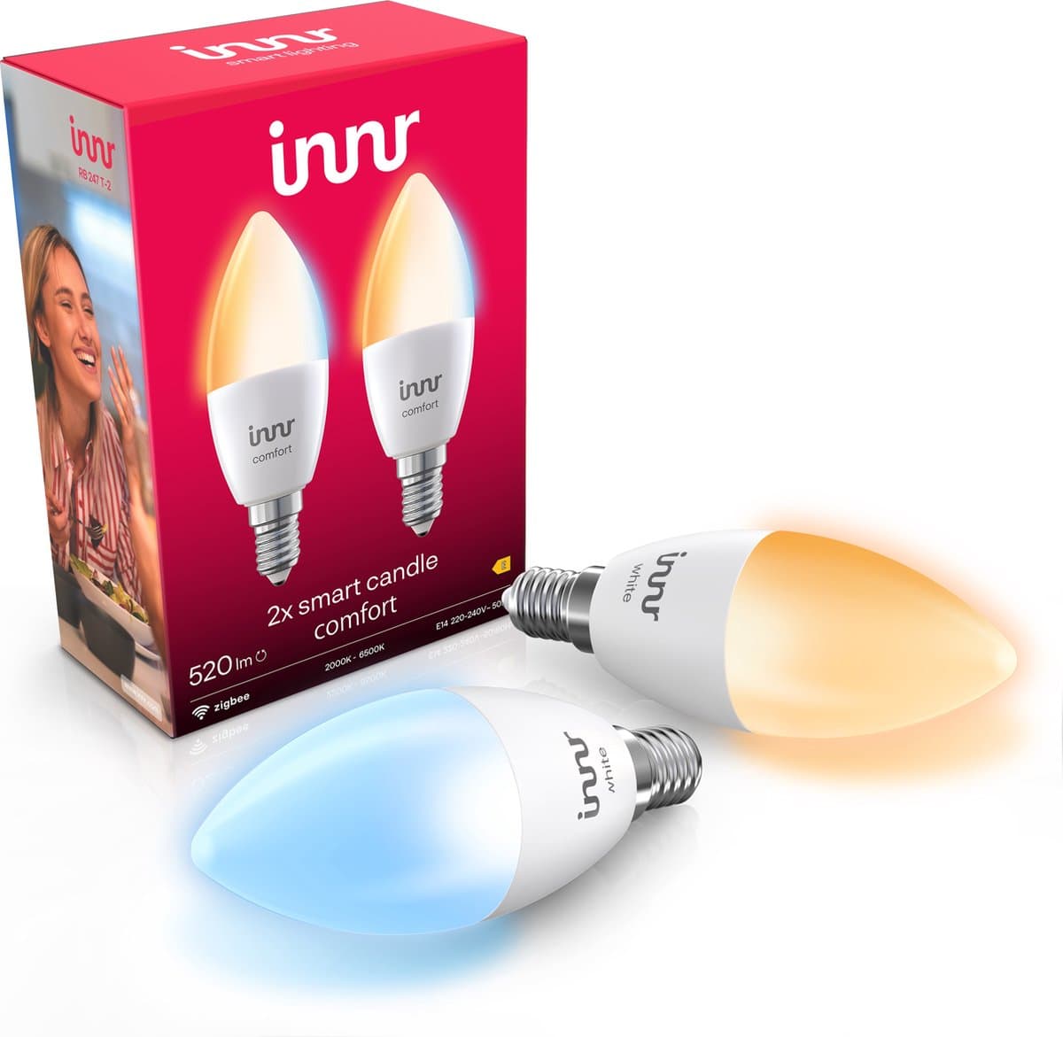 Innr smart E14 LED lamp - geschikt voor Philips Hue - Zigbee bulb - warmwit tot koelwit licht - slimme kaarslamp - dimbaar - 520 lumen - 2 pack