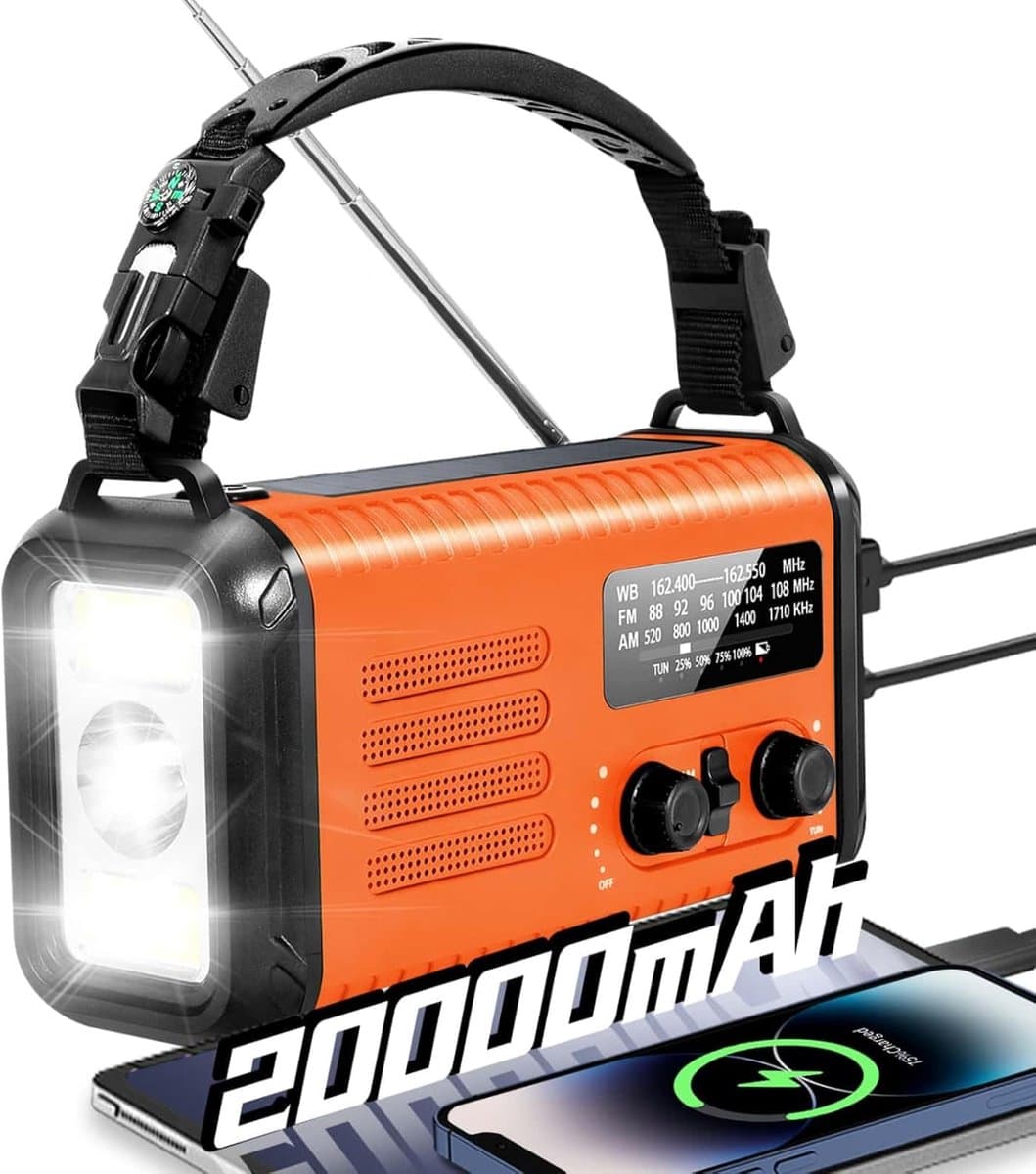 MELVRA Noodradio - 20000mAh Powerbank - Zonne-energie & Handslinger - NOAA/AM/FM Weerradio - Zaklamp & SOS Alarm - Mobiele Oplader - Oranje