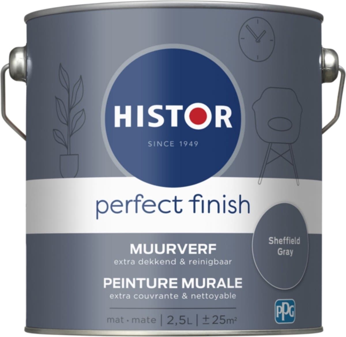 Histor Perfect Finish Muurverf Mat - Perfecte Dekking - Geurarm - 2.5L - Sheffield Gray - Grijs