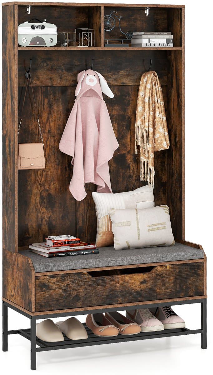 4-in-1 Kapstok met Zitbank – Garderoberek met Open Vakken - Schoenenkast en 3 Haken – Halgarderobe met Zitkussen – 90 x 38,5 x 170 cm