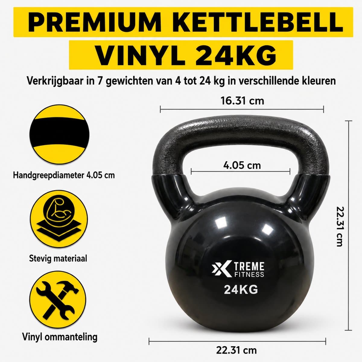 Xtreme Fitness Kettlebell Vinyl 24kg - Vinyl Kettlebell voor Krachttraining - Ergonomische & Brede Handgreep - Gewichten - Geschikt voor CrossFit & Fitness - Conditietraining - Fitness gewichten
