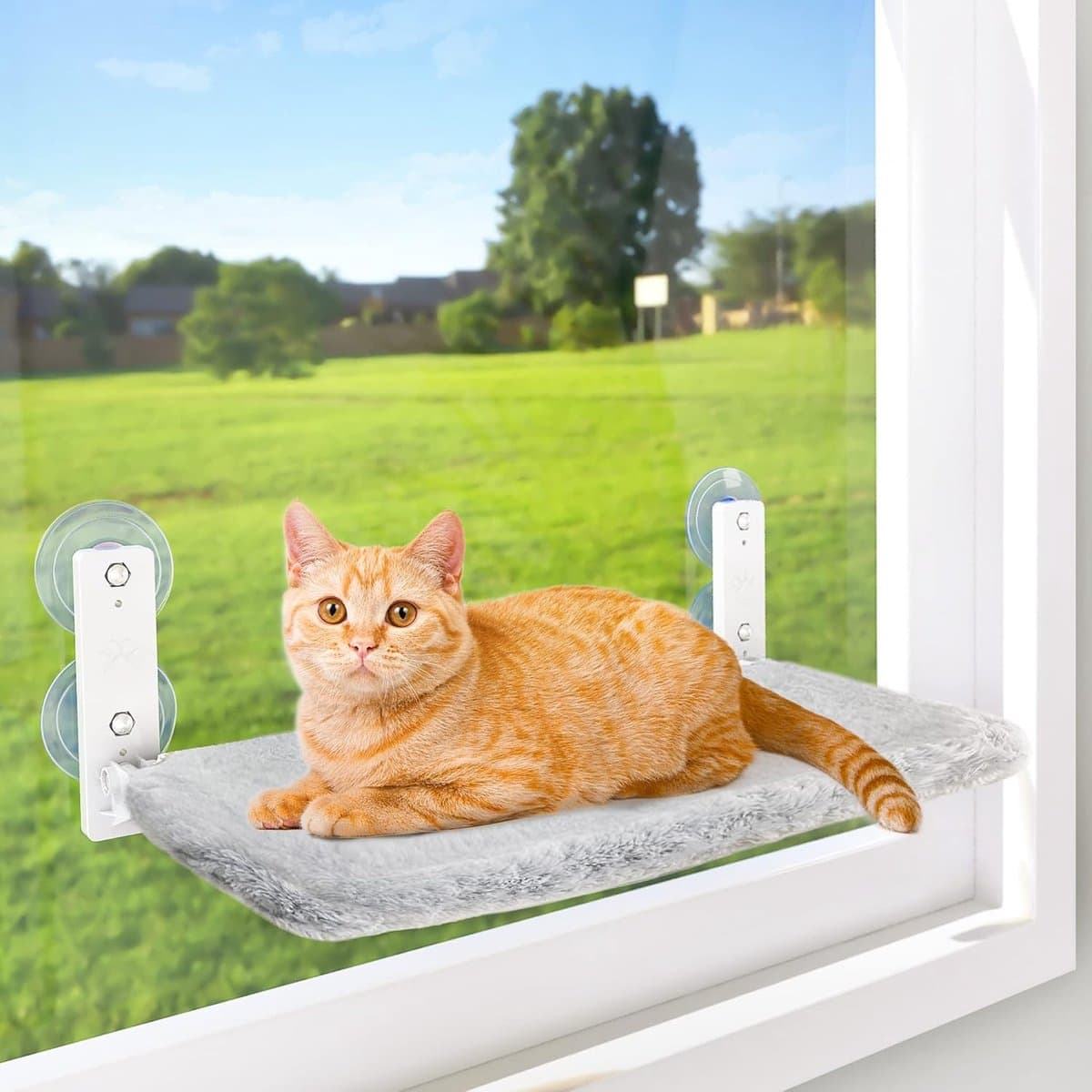 Katten Hangmat voor Raam – Opvouwbare Kattenvensterbank met Sterke Zuignappen – Katten Raambed met Omkeerbare Hoes – Wasbaar & Ruimtebesparend – Stevig Kattenbed voor Binnenkatten – Draagkracht tot 13,6 kg