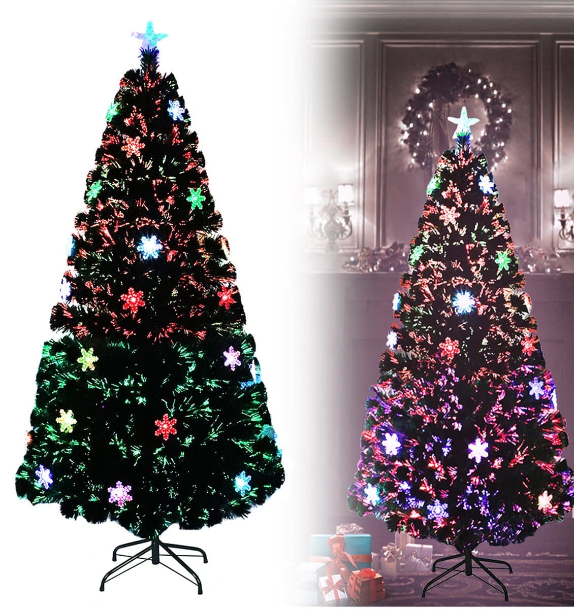 210cm Kunstkerstboom met verlichting PVC dennenboom LED sneeuwvlokken glasvezel kleurverandering groene boom metalen standaard decoratieve boom kunstkerstboom met metalen standaard