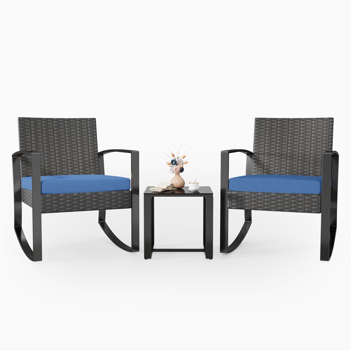 Xbro Tuinset – 3-delige Zitgroep met Rotan Stoel en salontafel , Weerbestendig en Ruimtebesparend – Outdoor loungeset – Balkonset voor Tuin, Terras en Zwembad – 60 x 50 x 80 cm – Blauw