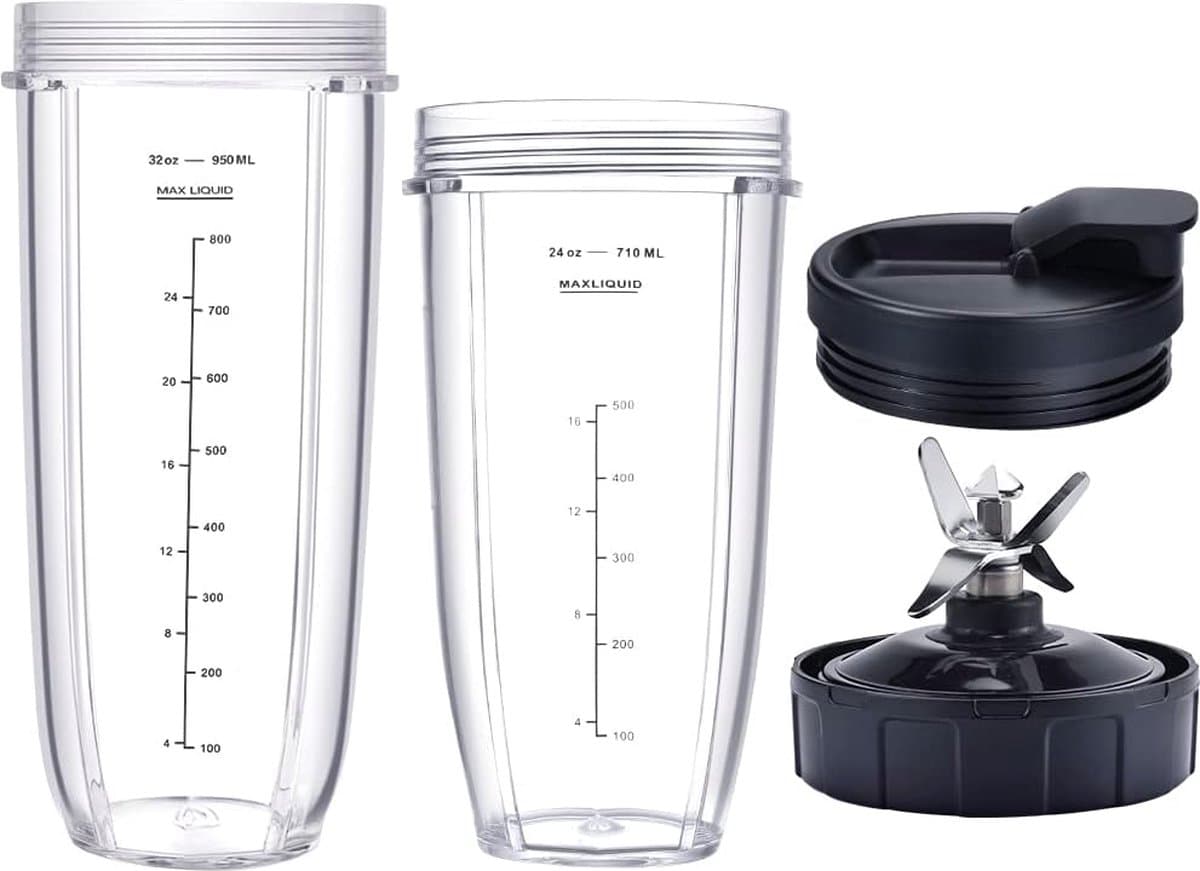 32oz/24oz mok Geschikt voor blender voor Ninja, 1* 32 oz kopje, 1* 24 oz kopje, 1* kopje deksel, 1* 7 Fin Extractor-bladen Geschikt voor Nutri Ninja Auto iQ BN801 BL640-30 BL642-30 (4 stuks)