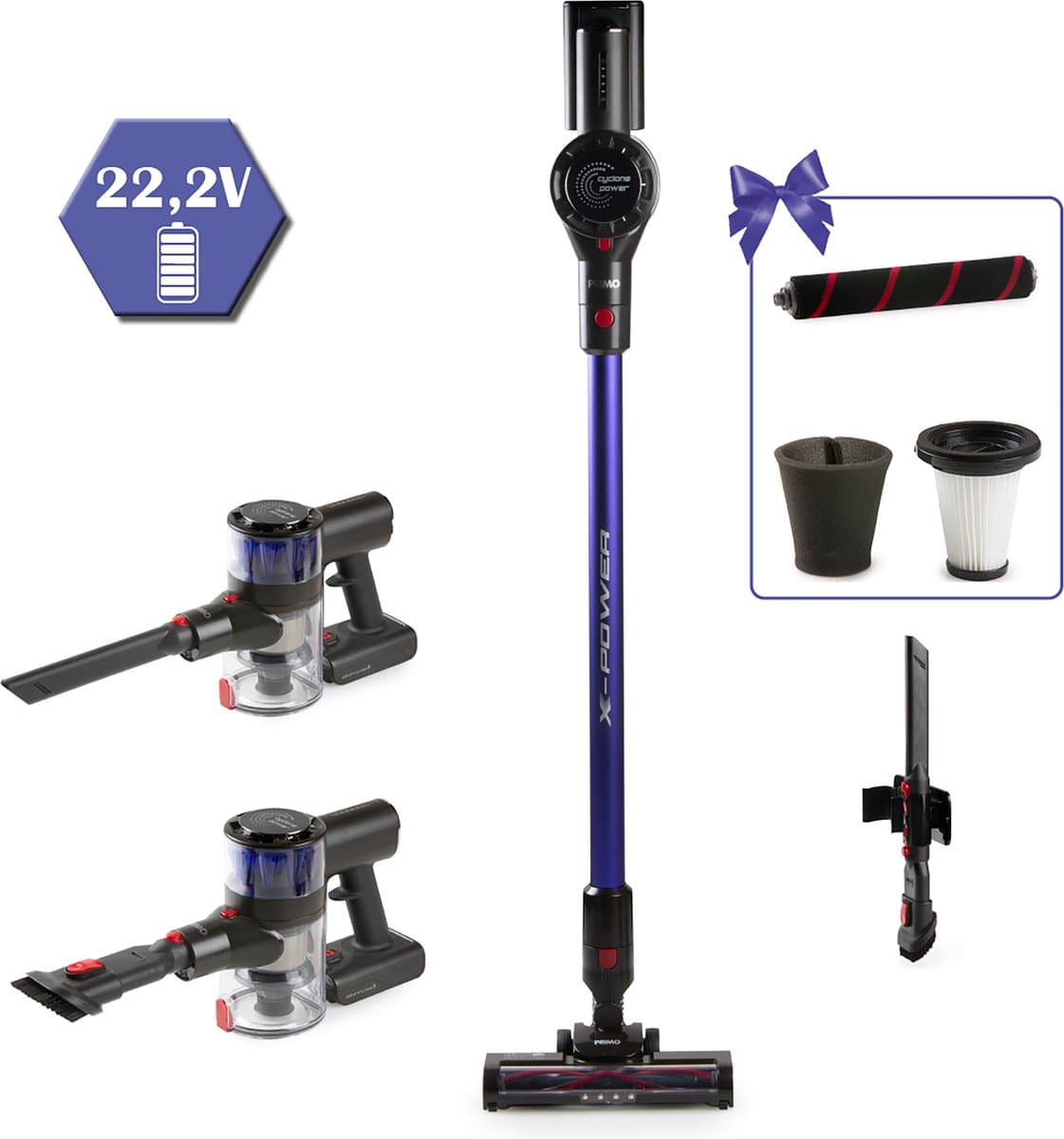 PRIMO PR511SV 3-in-1 BLDC Steelstofzuiger Draadloos - Stofzuiger zonder zak - Kruimelzuiger - Max power 20 kPa - Blauw/Rood