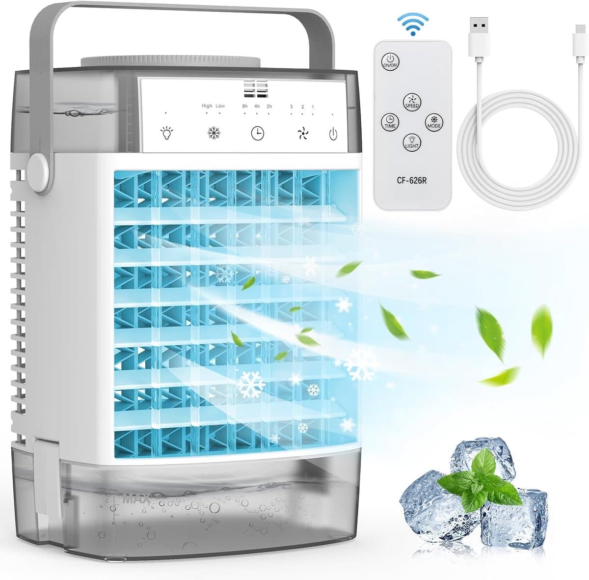 Aircooler 4-in-1 ventilator - Airco - Mobiele airco - Draagbare airconditioner – 3 snelheden & 3 standen – 2-8 uur timer – 7 kleurenverlichting – AC-unit met 1000 ml watertank – voor slaapkamer, kantoor, thuis en op de camping