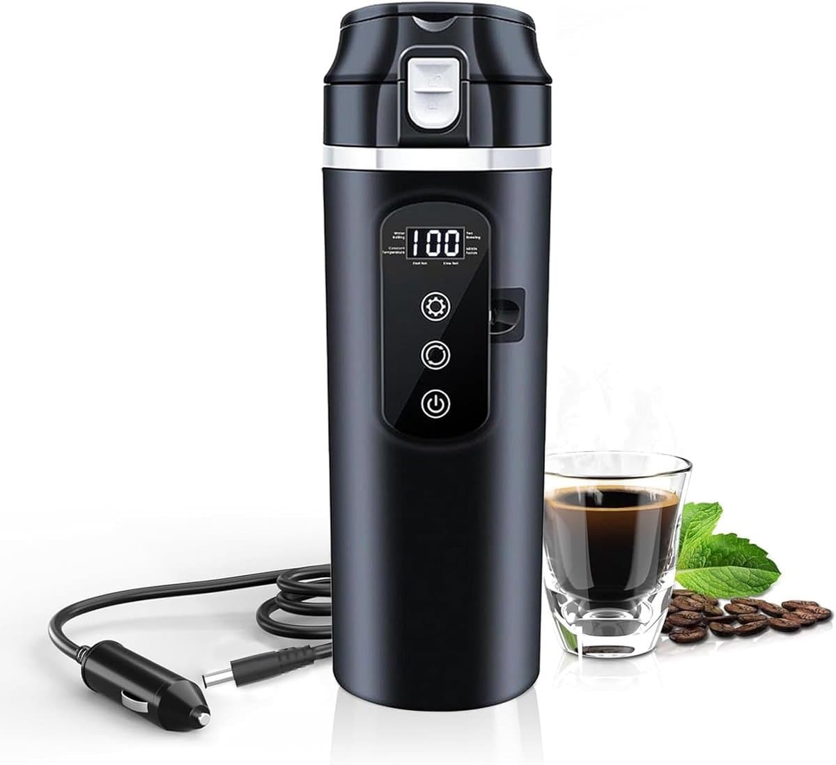Auto waterkoker - Reis waterkoker - 500 ml - 12V/24V aansluiting- Roestvrij - Met beeldscherm - Instelbare temperatuur - Automatische uitschakeling - Lekpreventie - Temperatuurweergave - Geschikt voor kleine auto's - Zwart