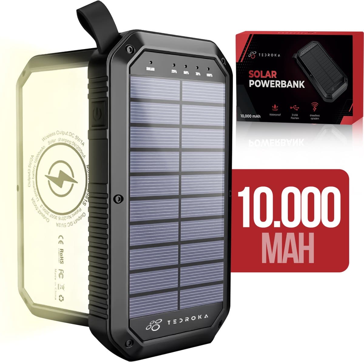 Tedroka® Zonne-Energie Powerbank - 3-in-1 Draagbare Oplader - USB-C & USB-Poorten - Draadloze Charger - Power Bank 10000 mah - Extern batterij met zaklamp voor kamperen