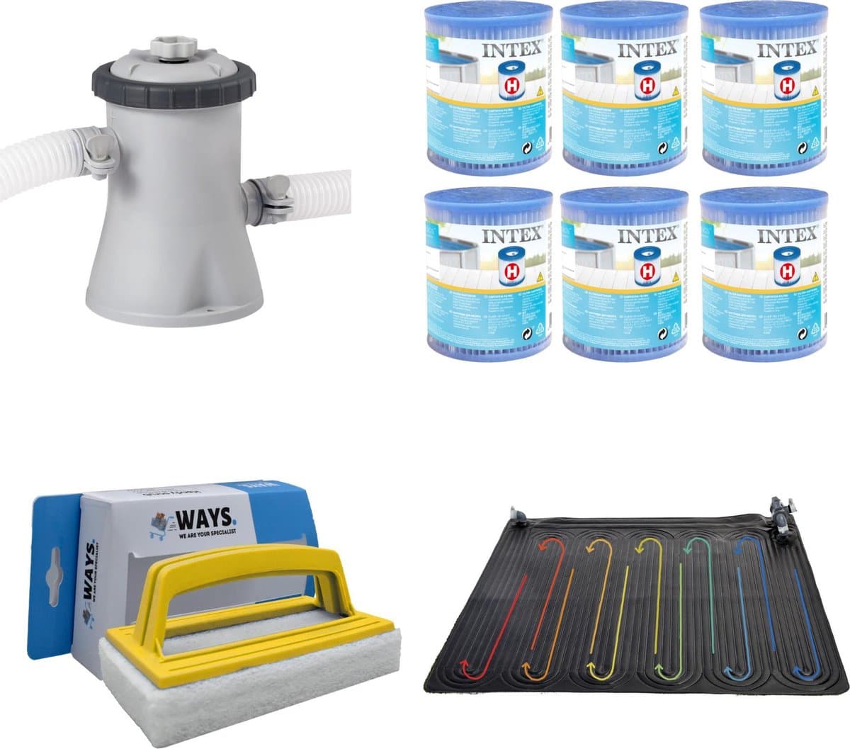 WAYS - Zwembad Onderhoud - Zwembad Verwarming & Filterpomp 1250 L/u & 6 Filters Type H & WAYS Scrubborstel