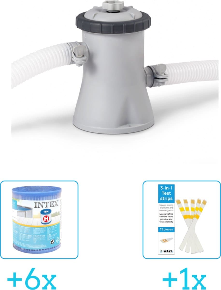 Intex 28602GS Filterpomp - 1.250 liter per uur inclusief Intex Filter Cardridge - Type H (6 stuks) & WAYS Testrips (1 stuks)