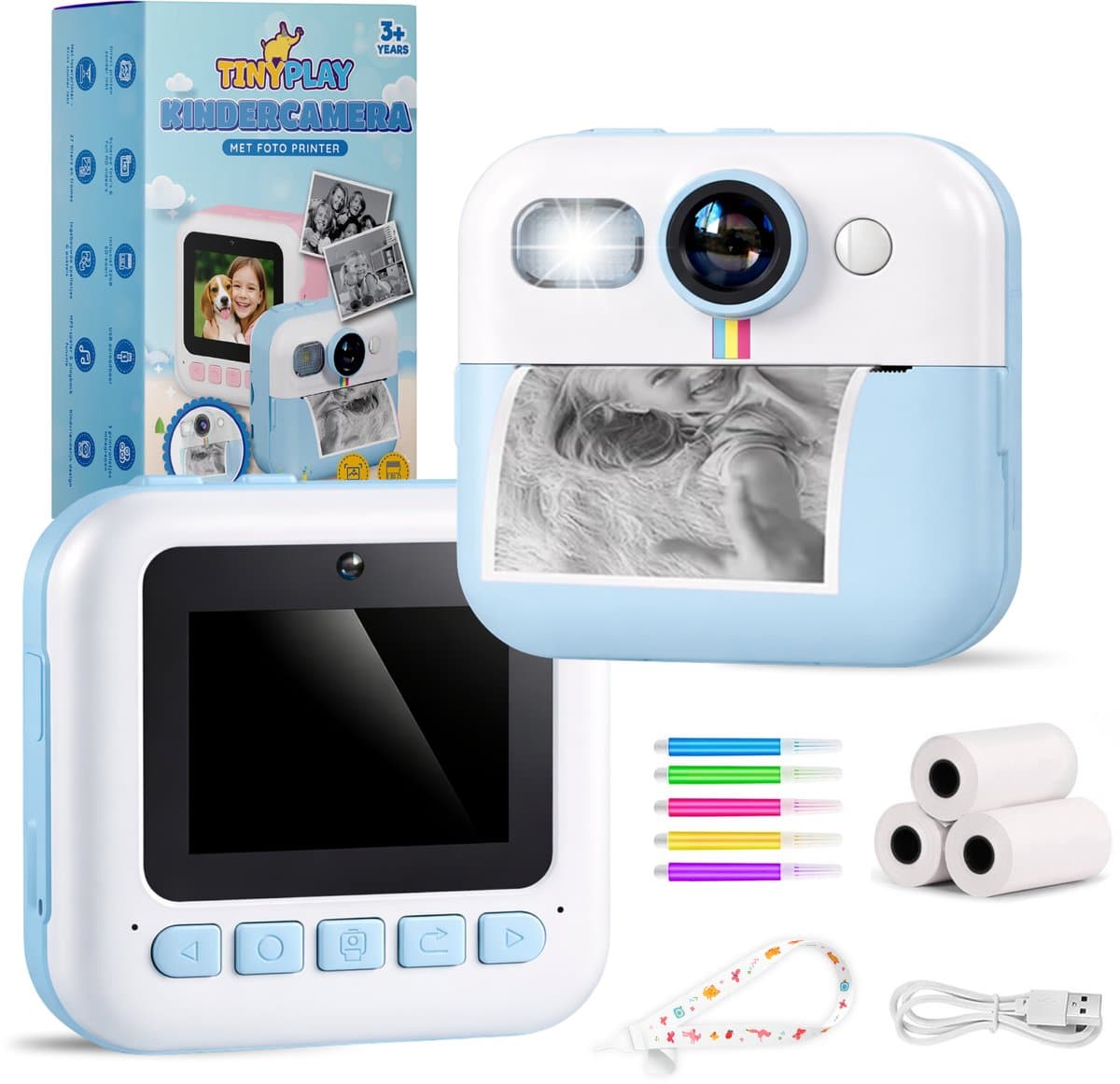 TinyPlay Kindercamera met foto printer - Digitale Camera Kinderen - 48MP - Full HD Foto en Video - Spelletjes - Fotoprinter - Kinder camera - Digitale kindercamera - Blauw