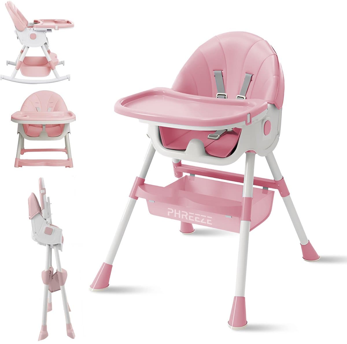 Phreeze Kinderstoel - Inklapbaar - Meegroeistoel 6 t/m 72 maanden - Afneembare Wielen - Eetstoel Baby & Peuter - Ook als Loopstoel, Wipstoel, Babystoel aan tafel / voor eten / thuis - Roze