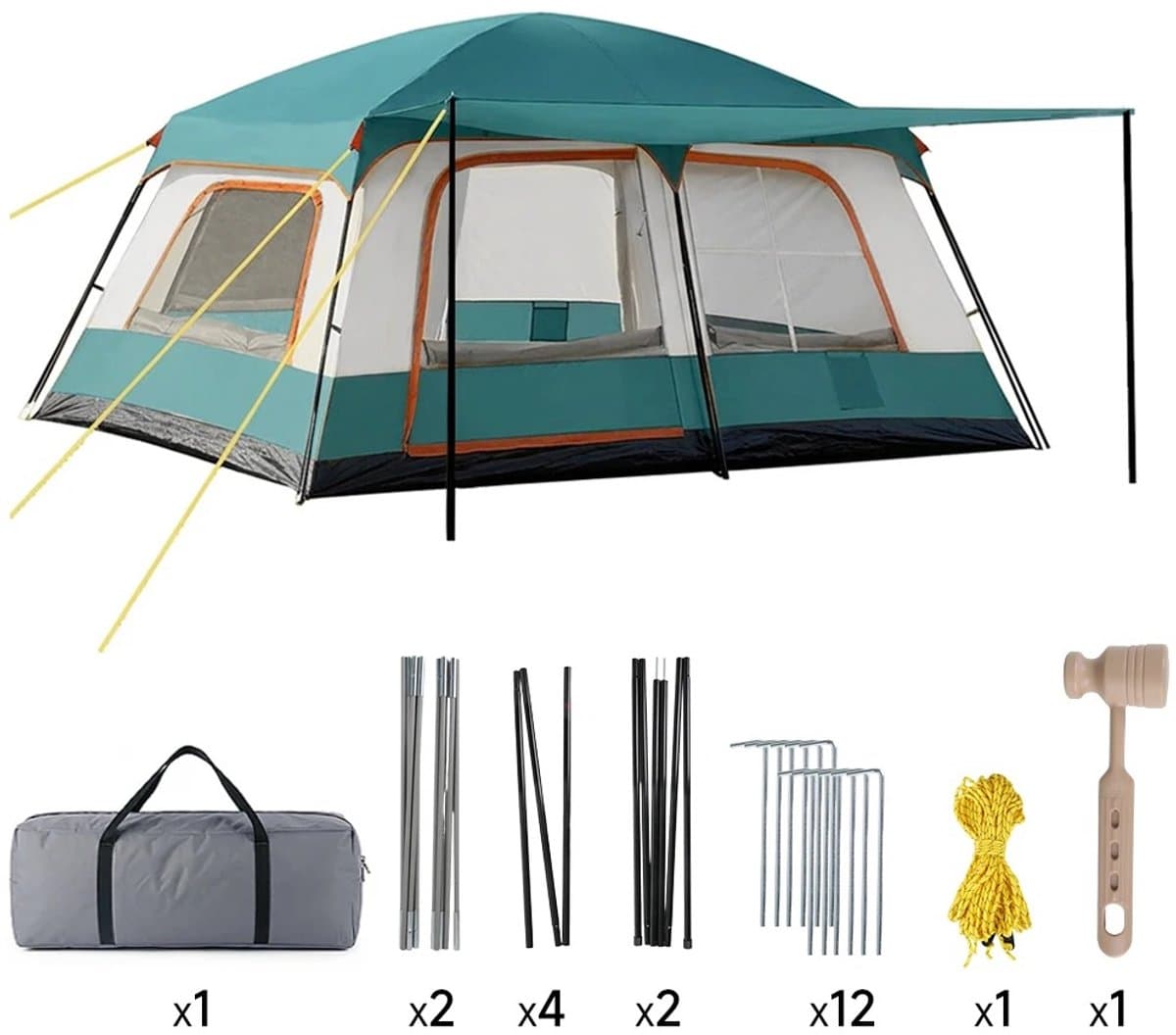 Tent - Campingtent - Familietent - Kamperen - Camping - 4-6 Personen - 320x210x180 cm - Uitklapbaar Zonnedak - Snelle Opzet - Groen/Beige