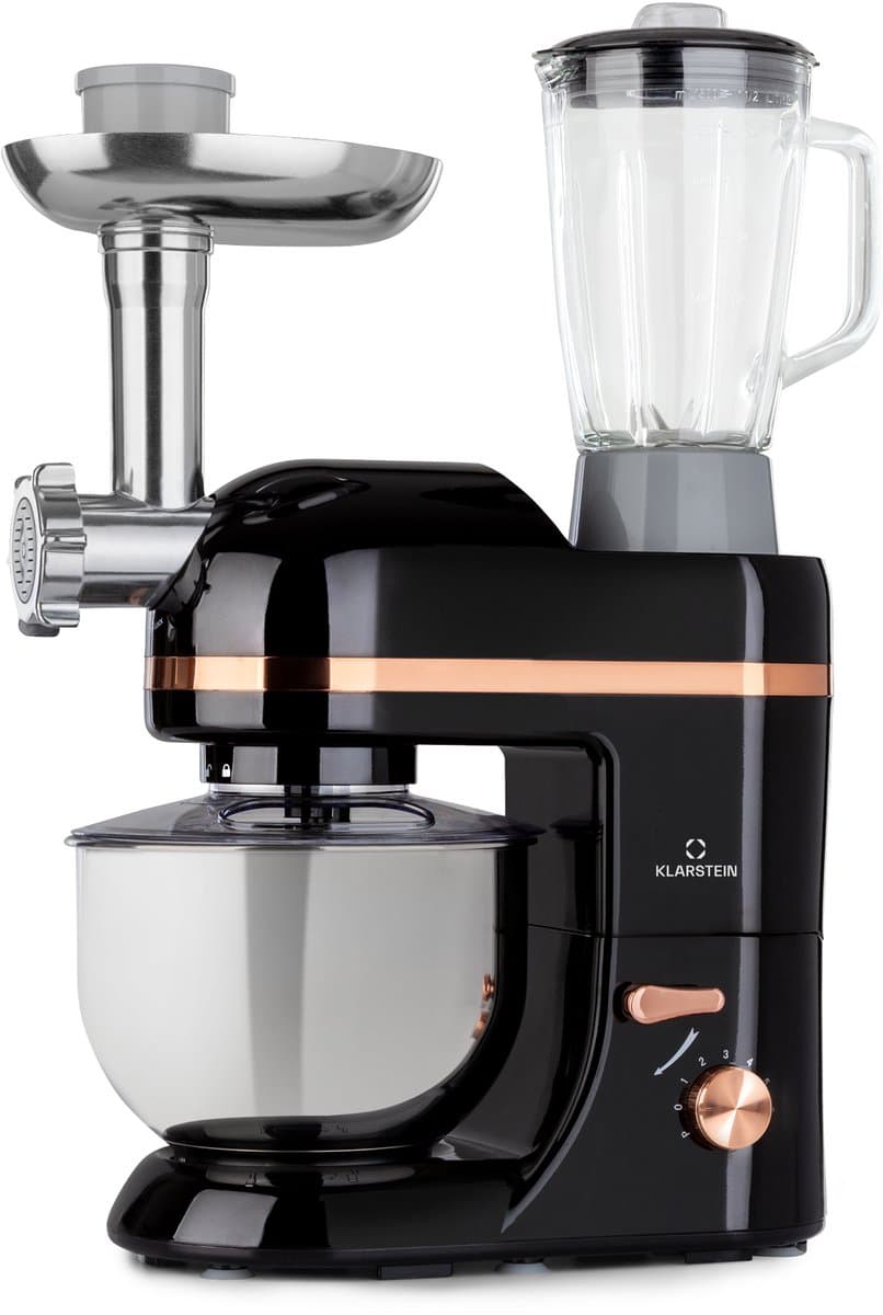 Klarstein Blender Knetmaschine keukenmachine met Fleischwolf, 1800W Teigmaschine klein, 6 standen, Schneebesen & Knethaken, planetair roersysteem, roermachine met Mixer, keukenmachines met 5L kom - voor Keuken - RVS - Standmixer