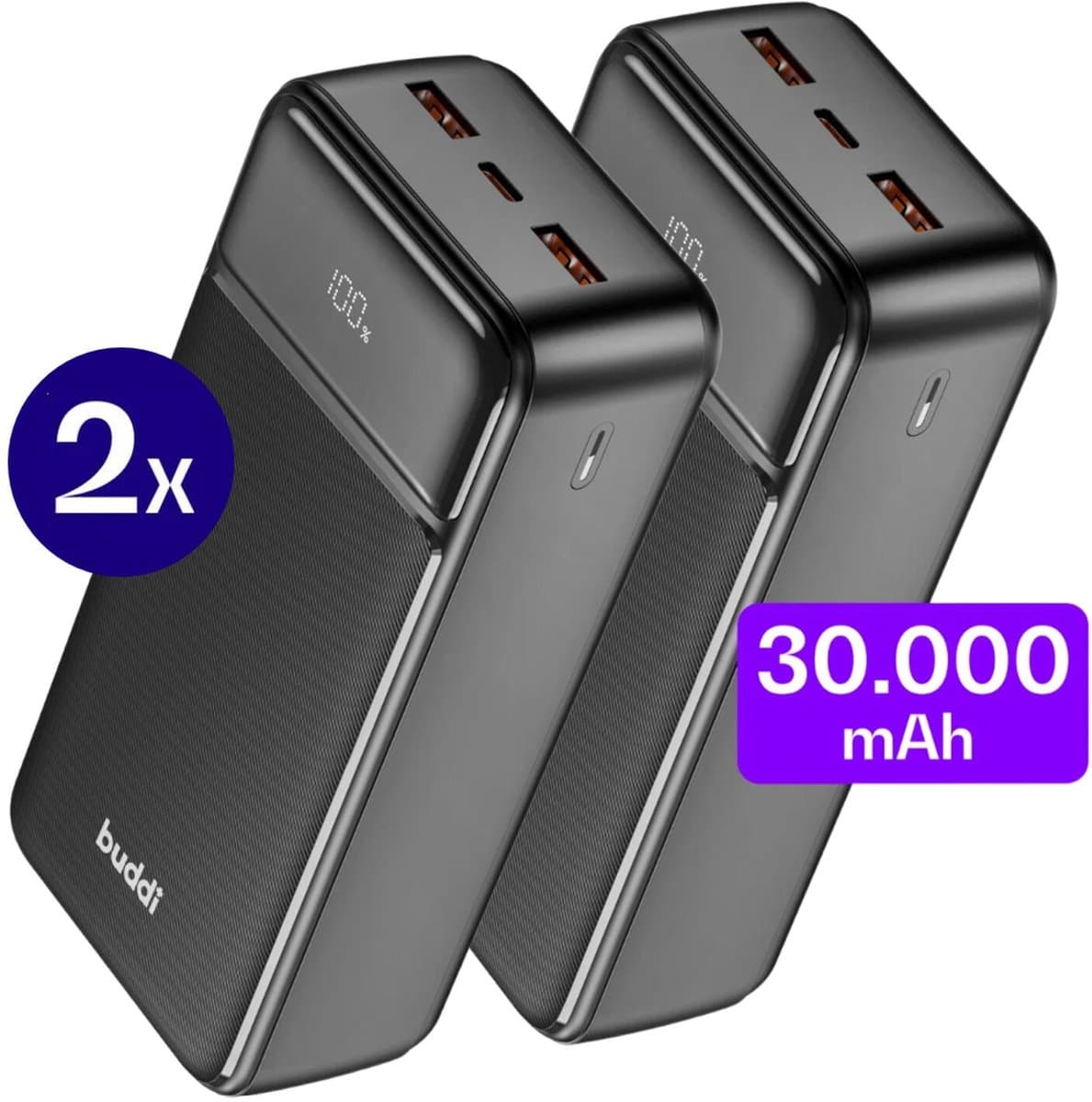 Buddi Boost - Duo Pack 30.000 mAh Powerbank - Reisformaat - LED Display - USB-A - USB-C Snelladen - Universele Draagbare Oplader voor Telefoon & Tablet - Noodpakket - Ideaal voor Handbagage - Zwart