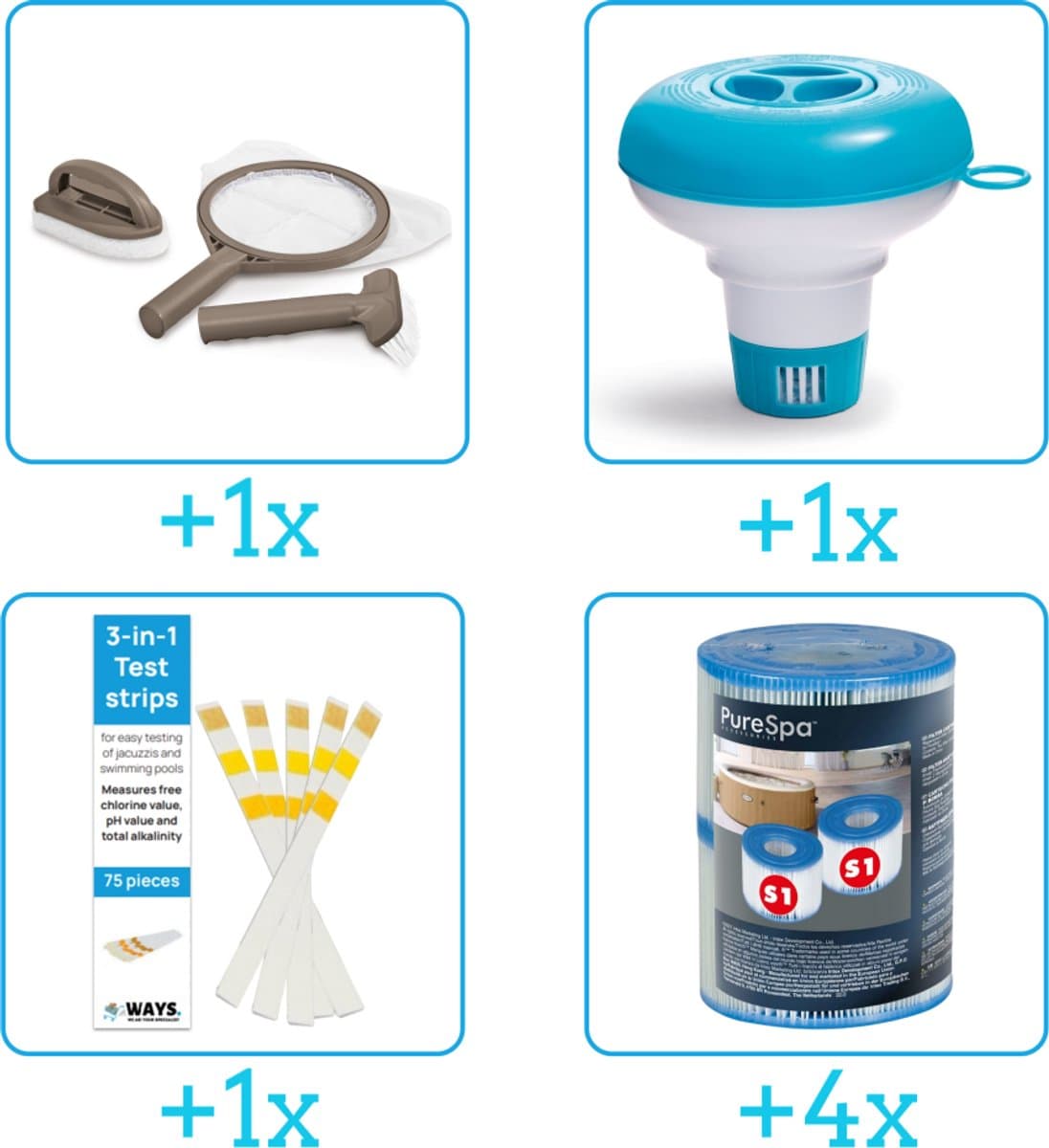 Zwembad Onderhoudspakket - Onderhoud Zwembad - bevat Scrubpad - Schepnet - Borstel - Chloordrijver - Testrips en Filters (4-delig)