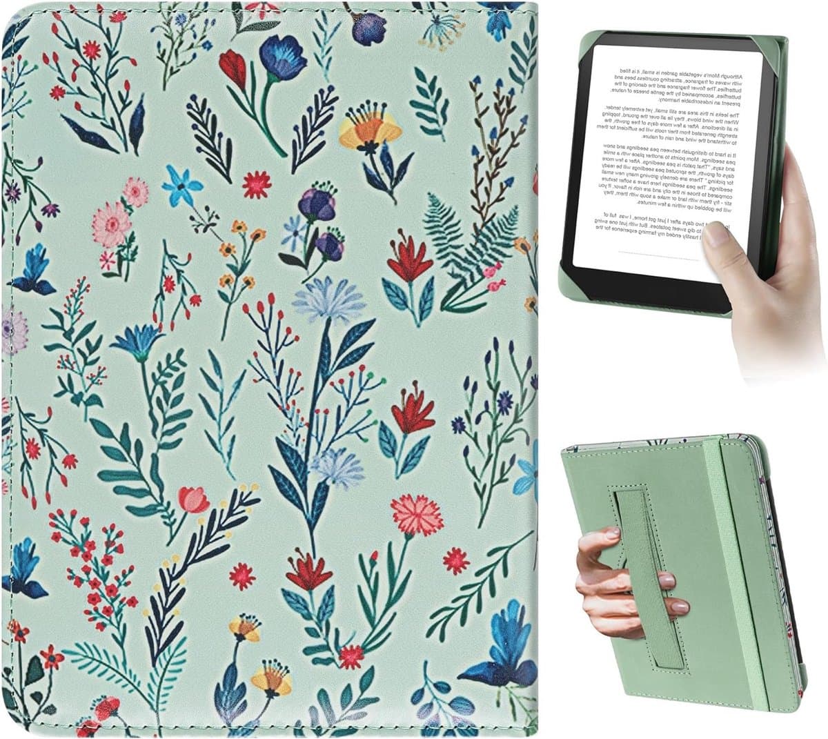 Universele E-Book Reader Hoes voor 6 Inch Pocketbook, Tolino en Sony - Beschermende Cover met Elastische Band en Witte Bloemen, Geschikt voor Kindle Paperwhite en Kobo Clara HD