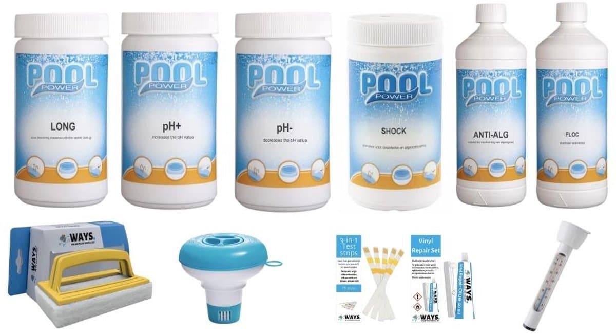 WAYS Zwembad Onderhoudspakket Large Deluxe Plus - Voor zwembaden vanaf 25.000 liter - Complete set met pH+, Chloor & Thermometer