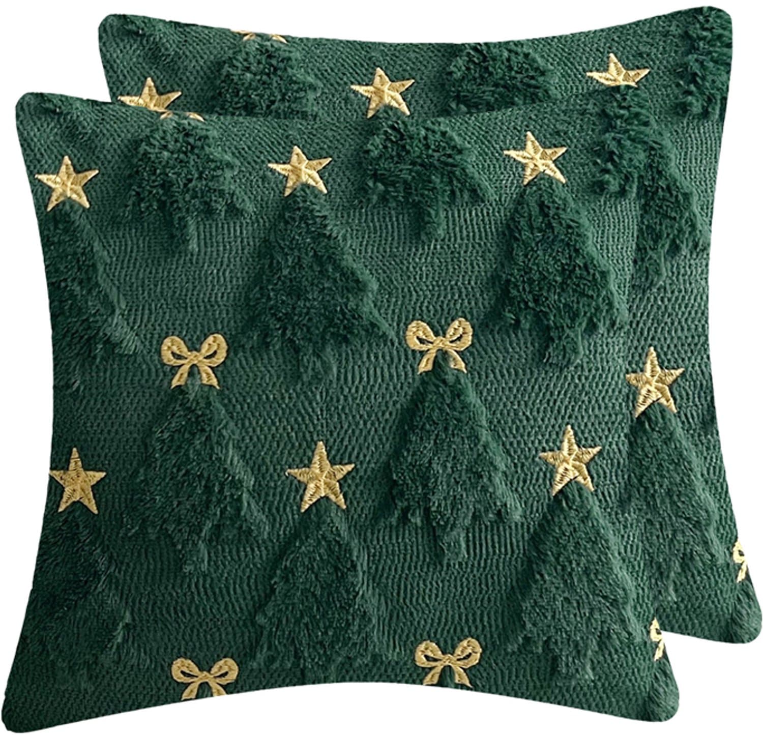 Kerst Kussenhoezen 45x45 cm (Set van 2) - Luxe Groene Pluche Kussenslopen met 3D Kerstboom & Gouden Details - Zachte Sierkussenhoezen voor Bank & Woonkamer