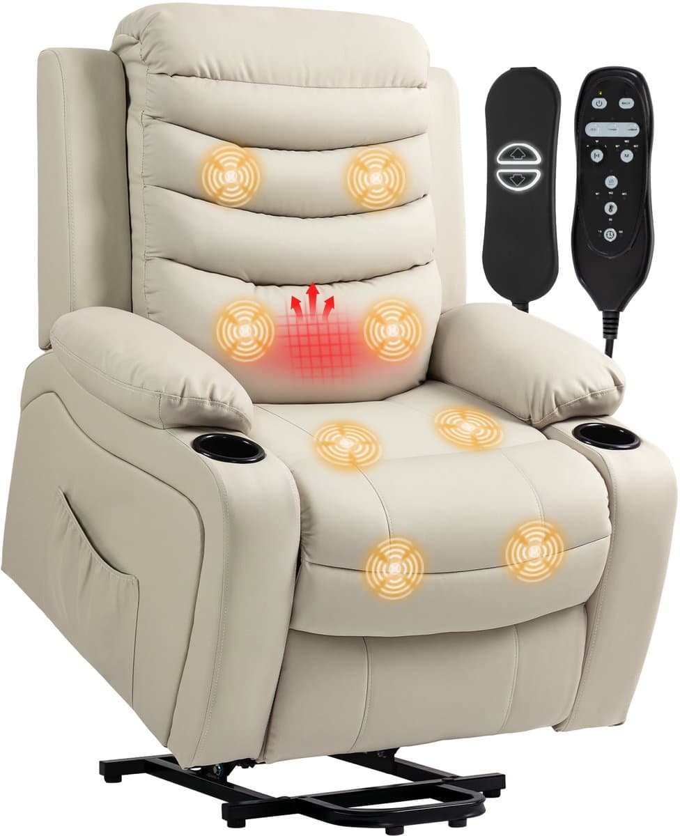 HOMCOM Sta-op fauteuil met massage en verwarming - Relaxfauteuil - Opstahulp stoel - Crèmewit