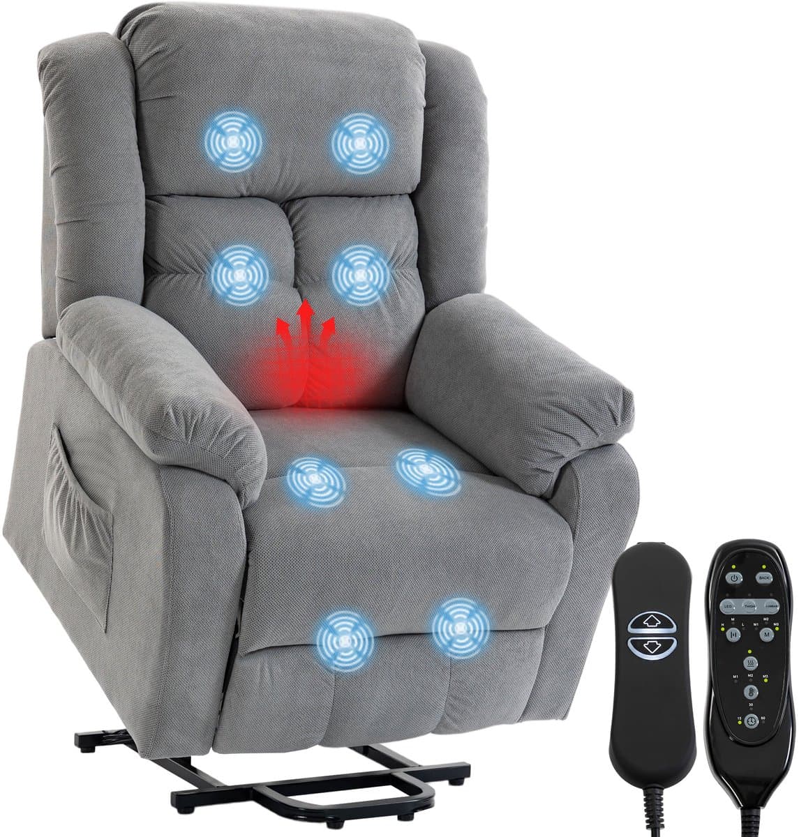 HOMCOM relaxfauteuil met opstahulp en massage - TV-fauteuil elektrisch - Sta-op stoel - Lichtgrijs