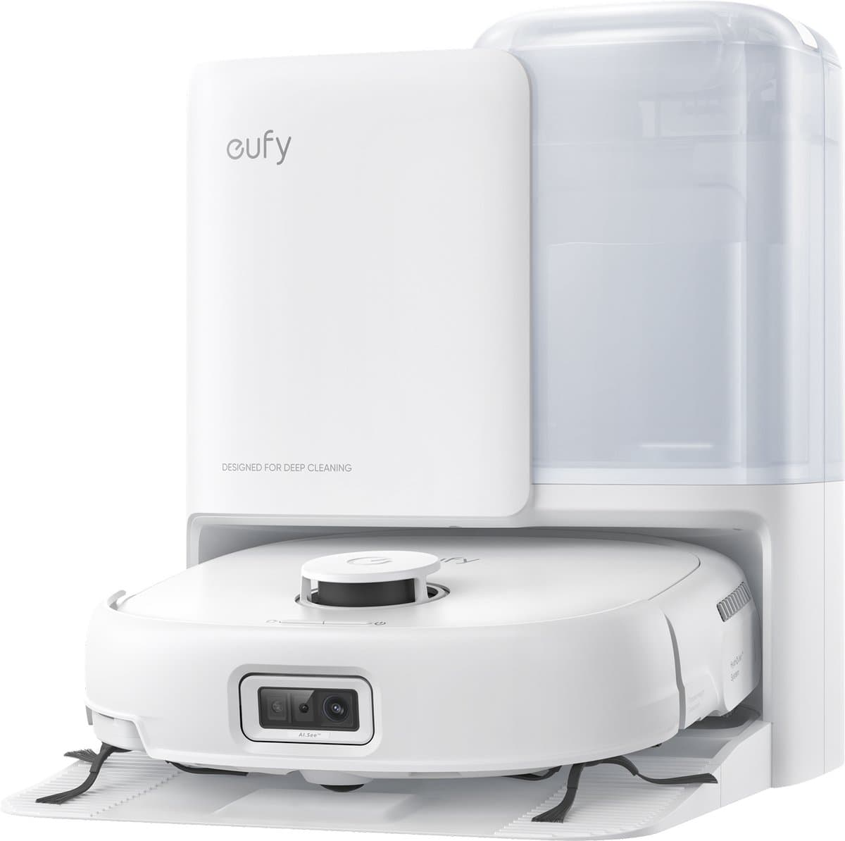 eufy Robotstofzuiger Omni E25, HydroJet dweilsysteem, 20.000 Pa zuigkracht, DuoSpiral borstels die ontklitten, CornerRover arm voor het schoonmaken van hoeken, alles-in-één station, voor gezinnen met huisdieren en kinderen.