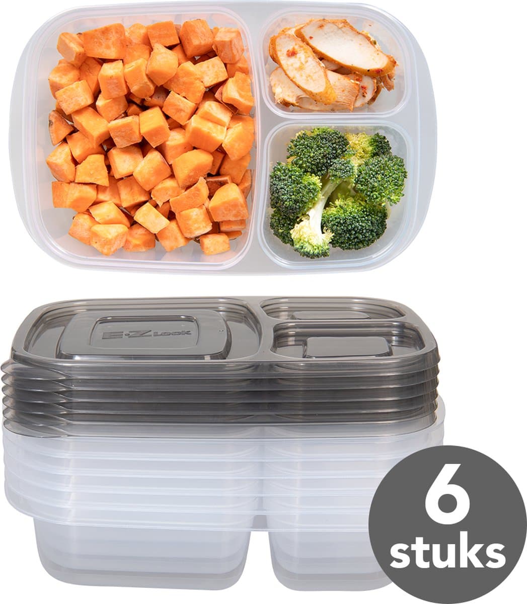 Meal prep Bakjes - Diepvriesbakjes - 965ml - Met 3 compartimenten - 6 stuks - BPA vrij - PFAS vrij - Vershoudbakjes set met deksel - Bewaarbakjes - Magnetron bakjes - Diepvriesdozen - Meal prep container - Stevig en Herbruikbaar - LocknLock