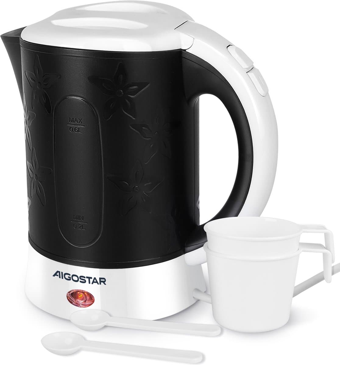 Aigostar Cooltravel - Reiswaterkoker - 0.6Liter - Inclusief 2 bekers - Mini Waterkoker - klein formaat travel camping waterkoker - Zwart